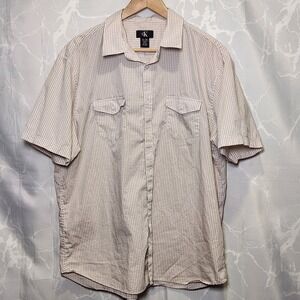 Calvin Klein Button Up Short Sleeve Shirt Men's XL Tan Gingham Plaid 100% Cotton
